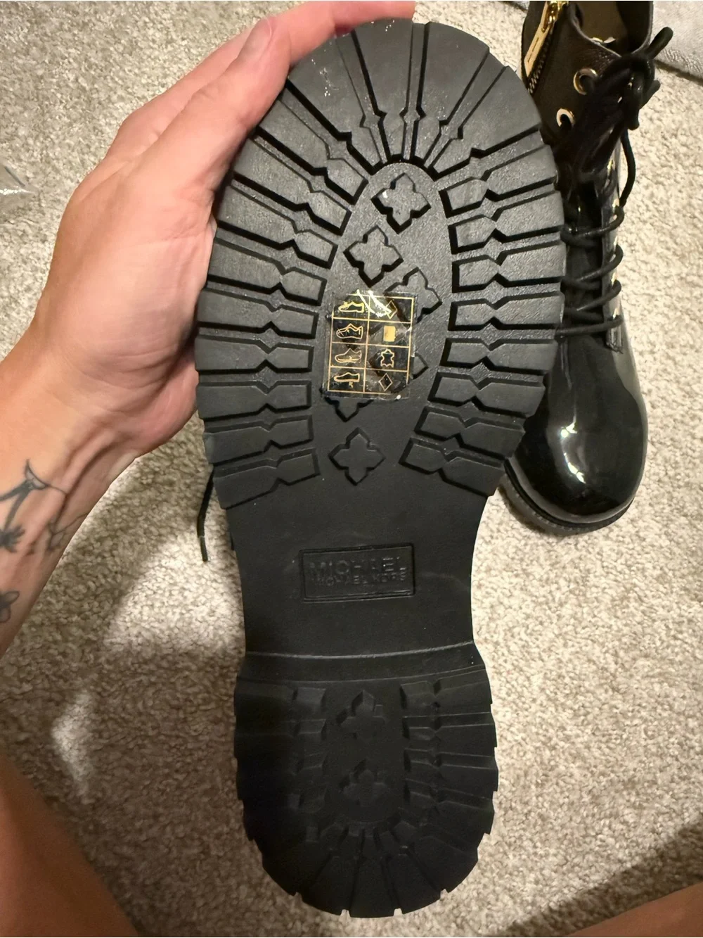 Michael Kors Black Patent Combat Boot with Brown Monogram and Gold Zip